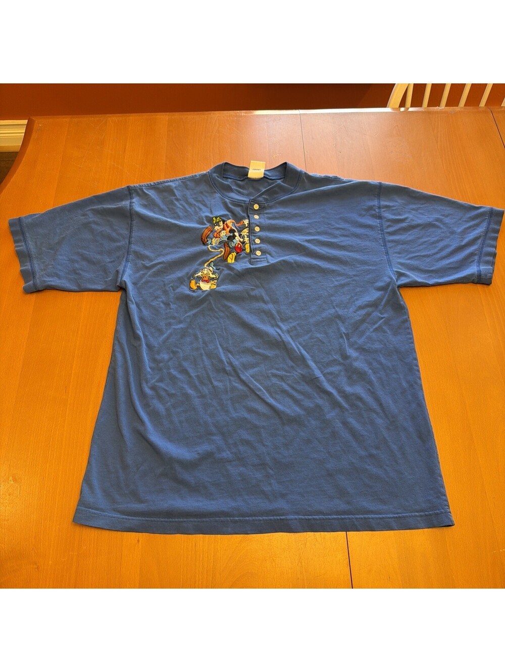 Disney Store Mickey Donald Goofy Men's Blue S/S Henley Shirt; XL